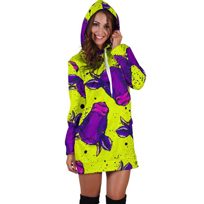 Lime Green And Purple Cow Pattern Print Hoodie Dress GearFrost