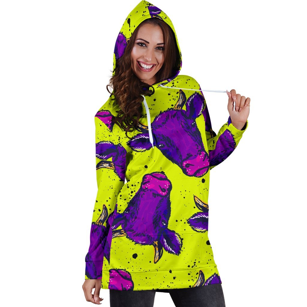 Lime Green And Purple Cow Pattern Print Hoodie Dress GearFrost