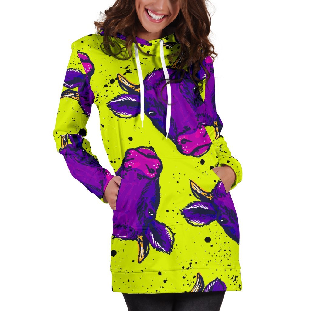 Lime Green And Purple Cow Pattern Print Hoodie Dress GearFrost