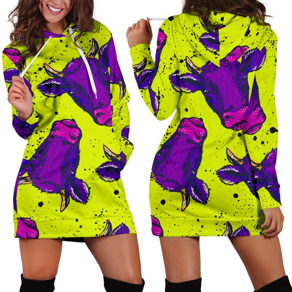 Lime Green And Purple Cow Pattern Print Hoodie Dress GearFrost