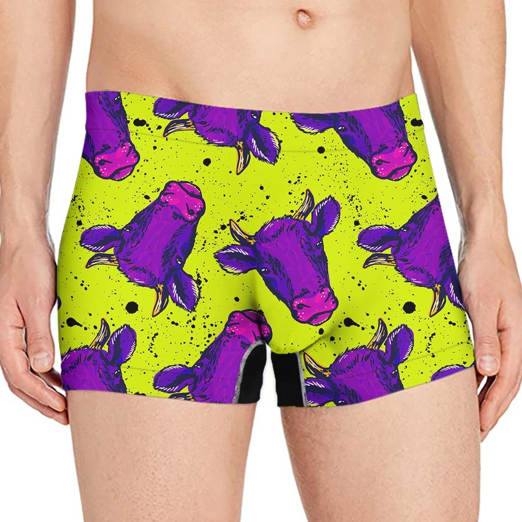 Lime Green And Purple Cow Pattern Print Men's Boxer Briefs