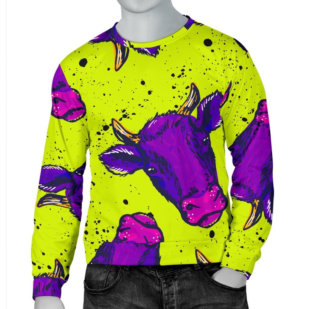 Lime Green And Purple Cow Pattern Print Men's Crewneck Sweatshirt GearFrost