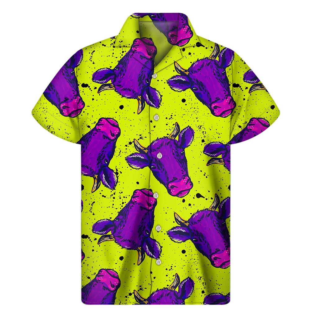 Lime Green And Purple Cow Pattern Print Men's Short Sleeve Shirt
