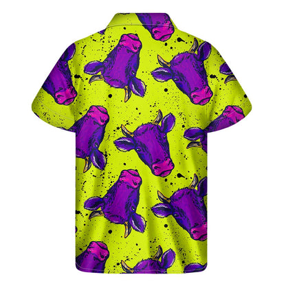Lime Green And Purple Cow Pattern Print Men's Short Sleeve Shirt
