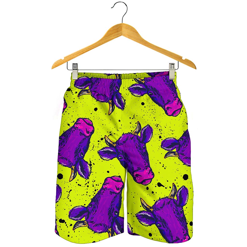 Lime Green And Purple Cow Pattern Print Men's Shorts