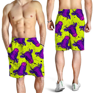 Lime Green And Purple Cow Pattern Print Men's Shorts