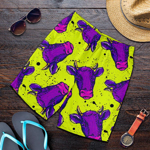 Lime Green And Purple Cow Pattern Print Men's Shorts