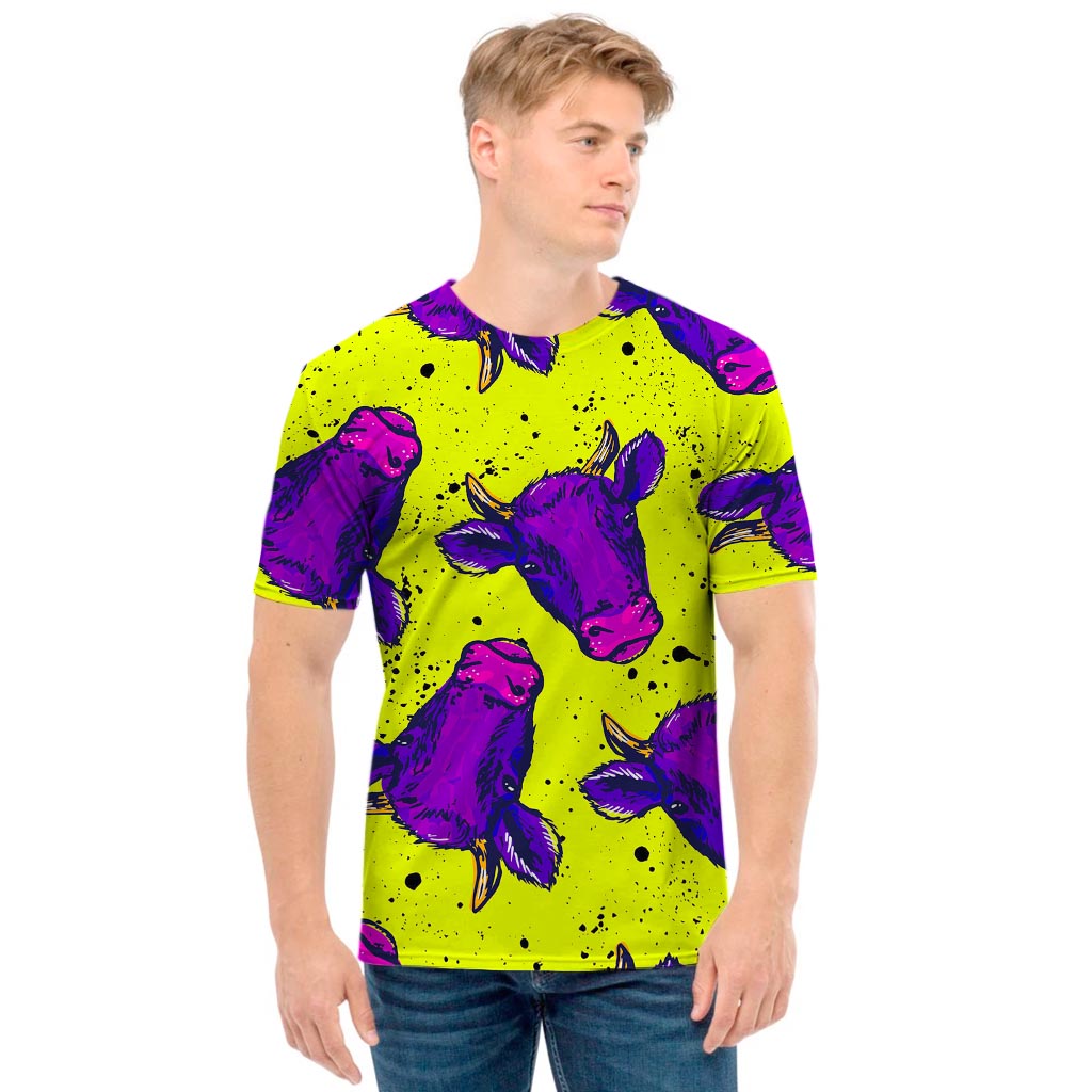 Lime Green And Purple Cow Pattern Print Men's T-Shirt