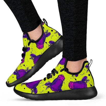 Lime Green And Purple Cow Pattern Print Mesh Knit Shoes GearFrost