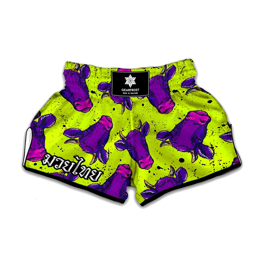 Lime Green And Purple Cow Pattern Print Muay Thai Boxing Shorts
