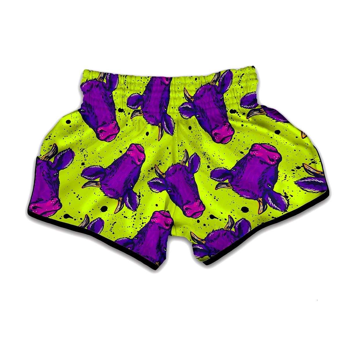 Lime Green And Purple Cow Pattern Print Muay Thai Boxing Shorts