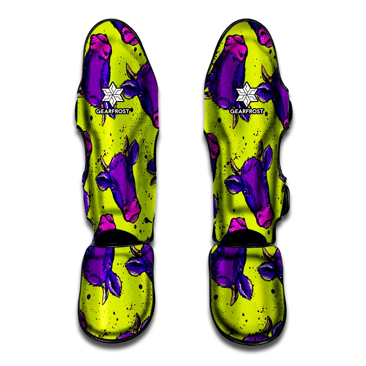 Lime Green And Purple Cow Pattern Print Muay Thai Shin Guard