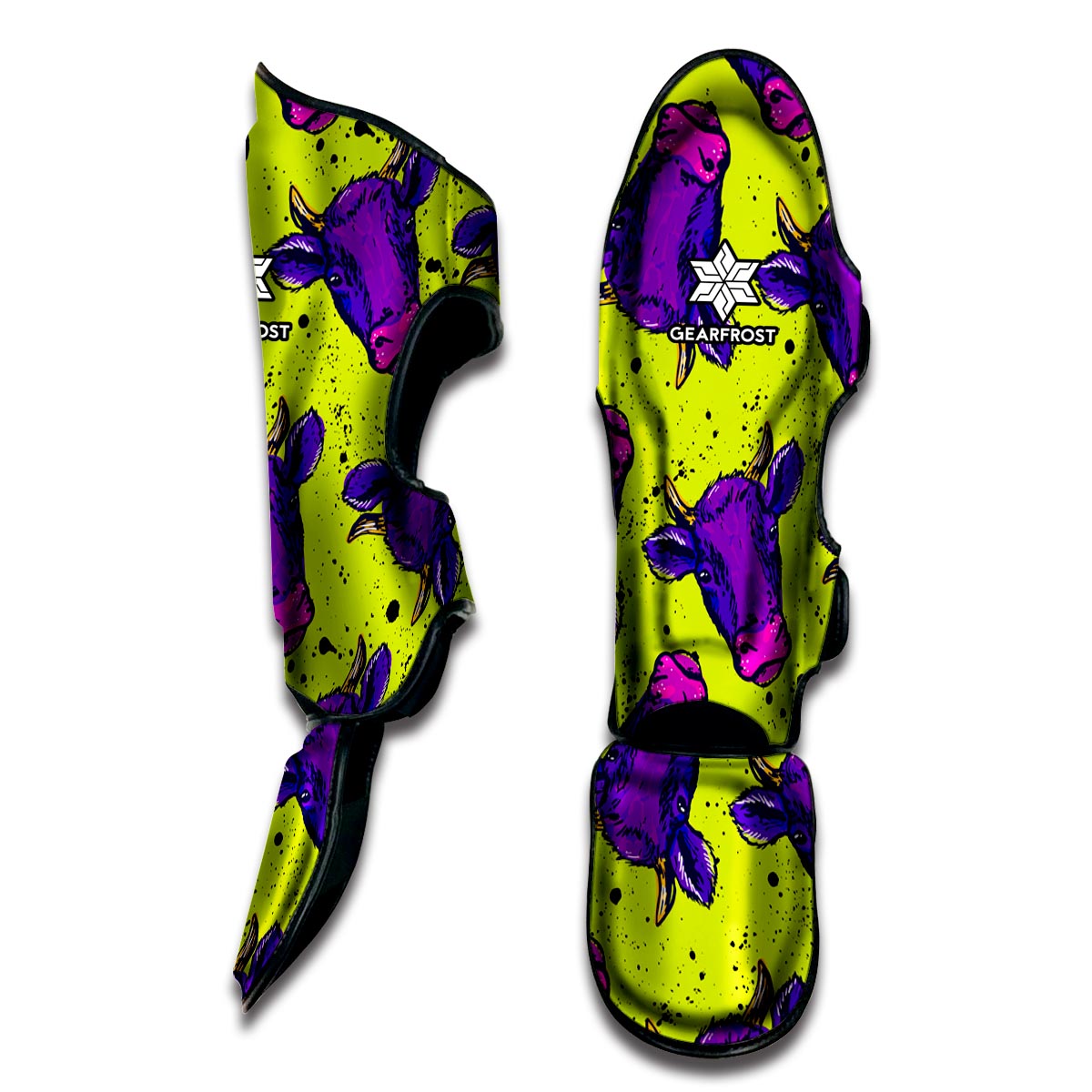 Lime Green And Purple Cow Pattern Print Muay Thai Shin Guard