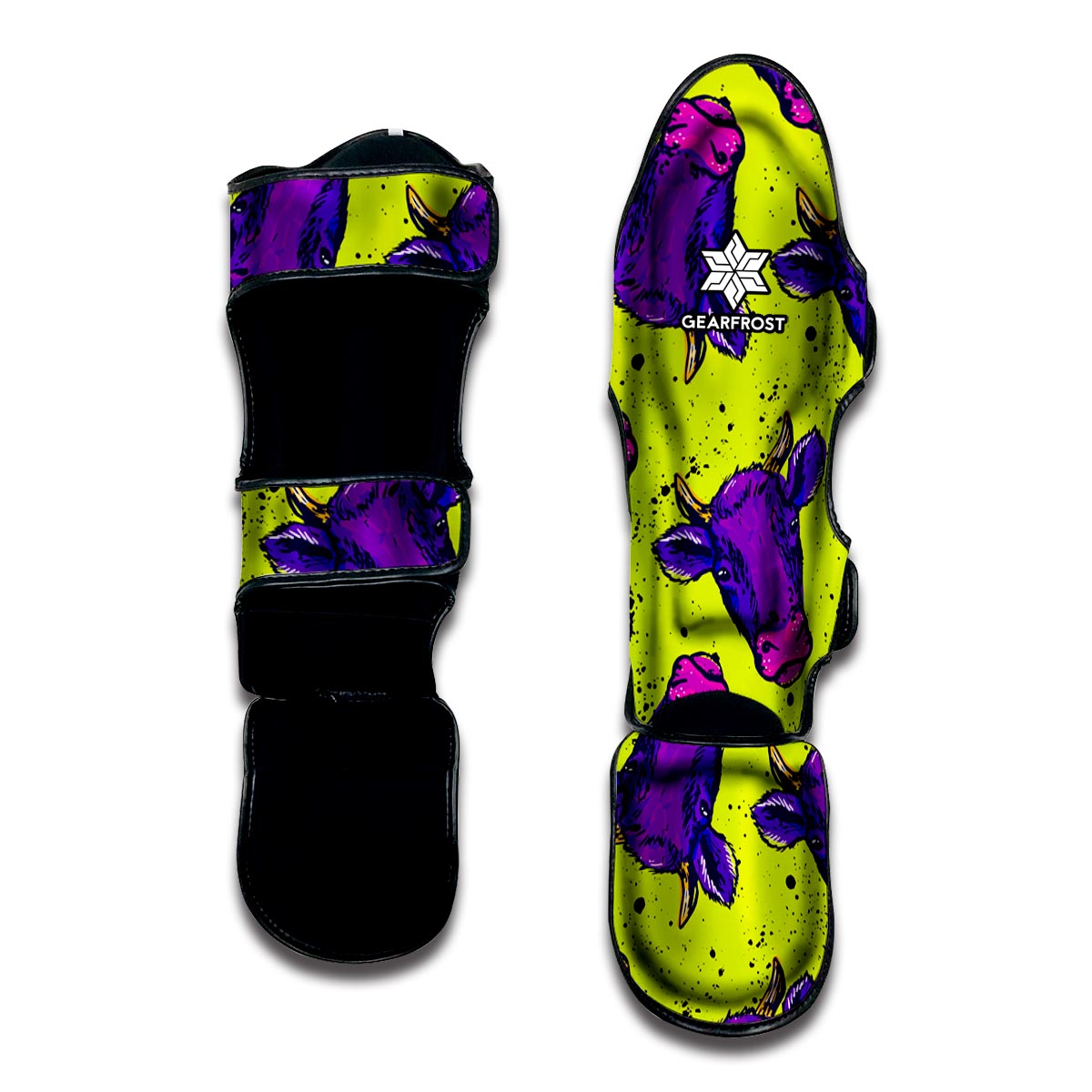 Lime Green And Purple Cow Pattern Print Muay Thai Shin Guard