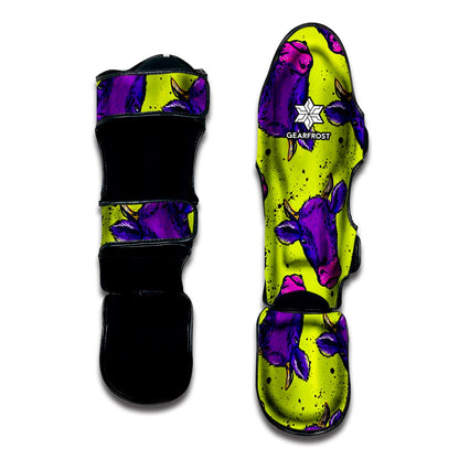 Lime Green And Purple Cow Pattern Print Muay Thai Shin Guard
