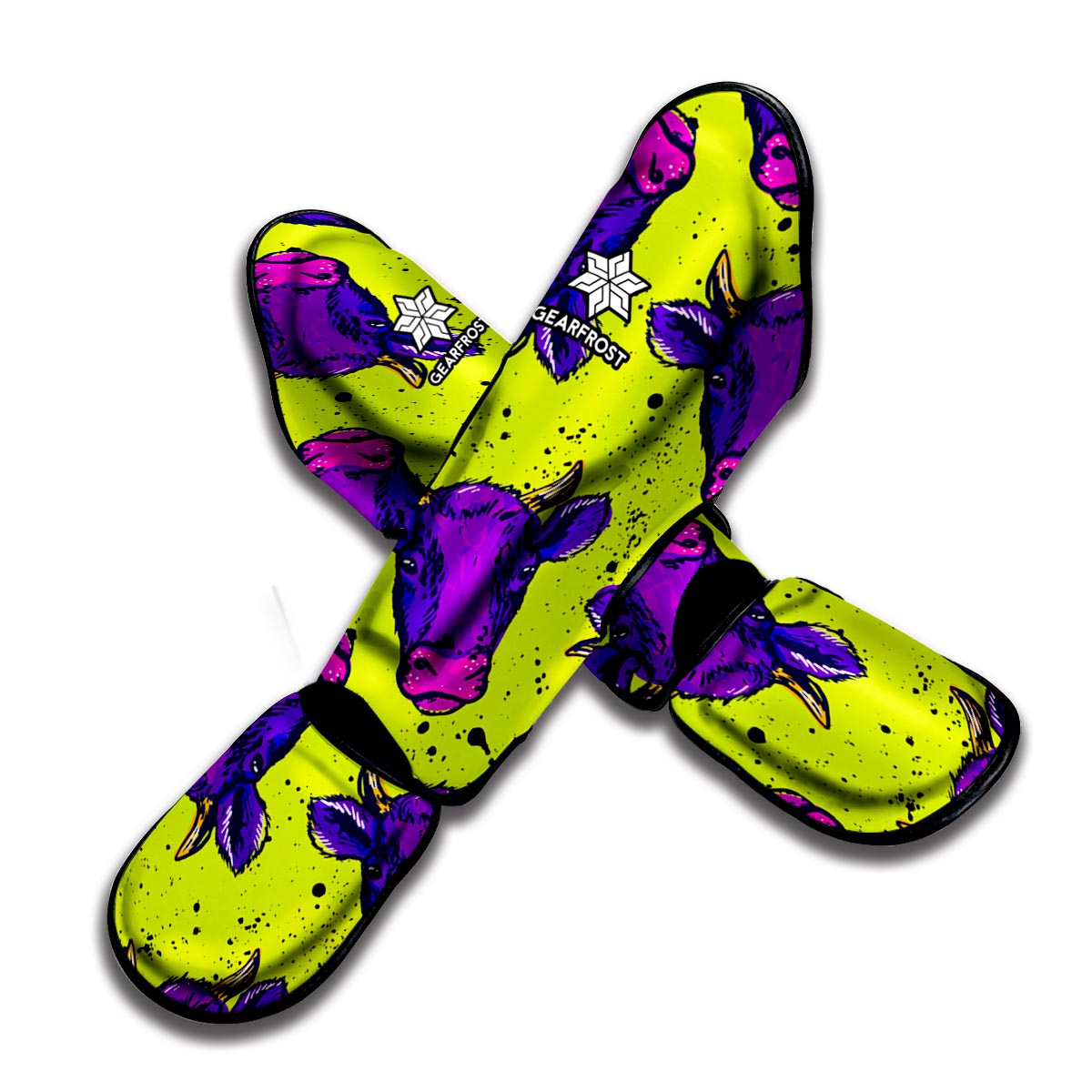 Lime Green And Purple Cow Pattern Print Muay Thai Shin Guard