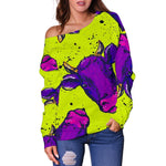 Lime Green And Purple Cow Pattern Print Off Shoulder Sweatshirt GearFrost