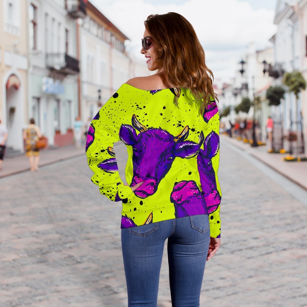 Lime Green And Purple Cow Pattern Print Off Shoulder Sweatshirt GearFrost