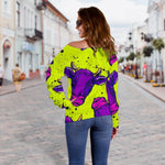Lime Green And Purple Cow Pattern Print Off Shoulder Sweatshirt GearFrost