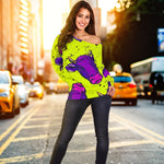 Lime Green And Purple Cow Pattern Print Off Shoulder Sweatshirt GearFrost