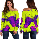 Lime Green And Purple Cow Pattern Print Off Shoulder Sweatshirt GearFrost