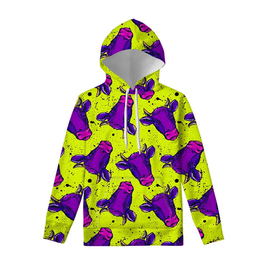 Lime Green And Purple Cow Pattern Print Pullover Hoodie