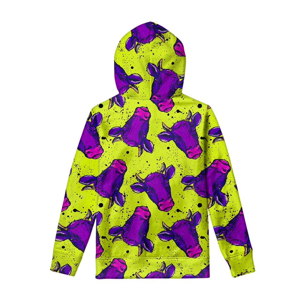 Lime Green And Purple Cow Pattern Print Pullover Hoodie