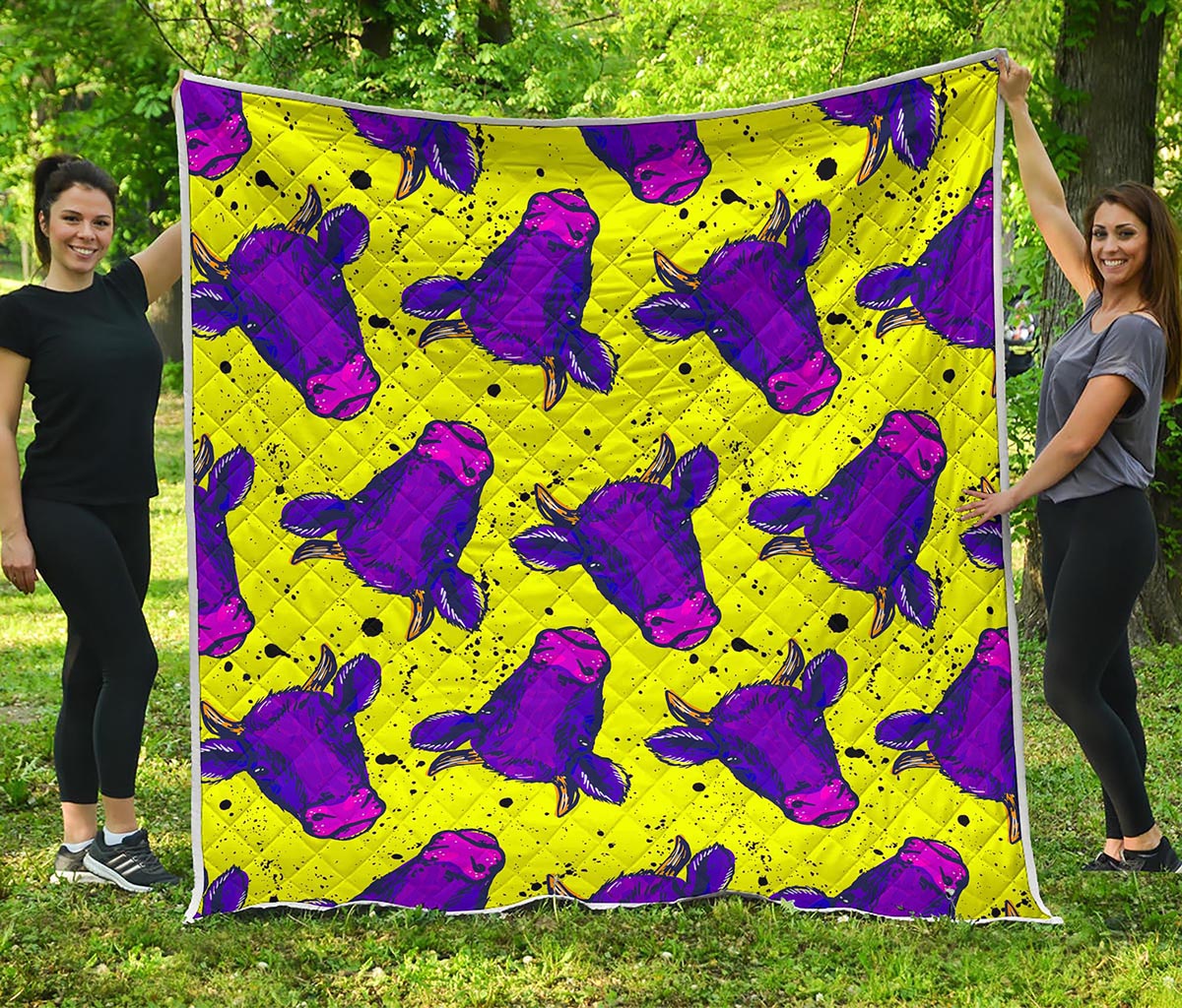 Lime Green And Purple Cow Pattern Print Quilt