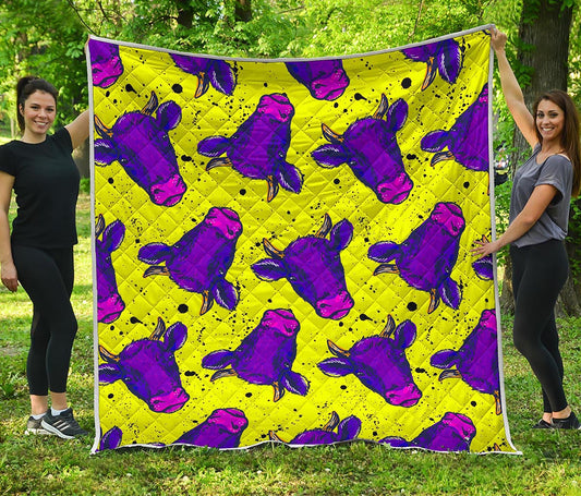 Lime Green And Purple Cow Pattern Print Quilt