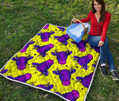 Lime Green And Purple Cow Pattern Print Quilt