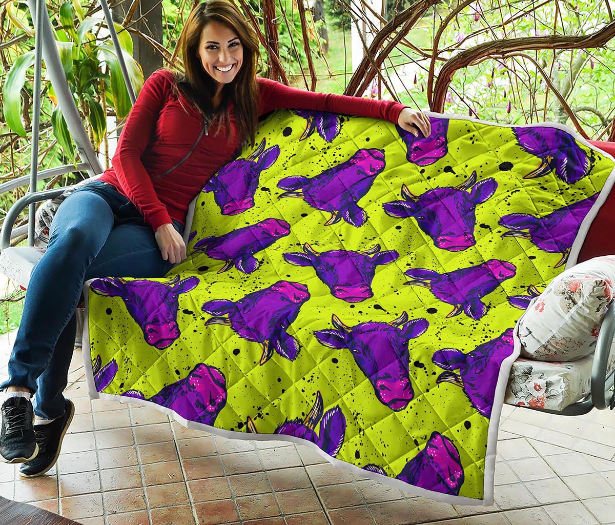 Lime Green And Purple Cow Pattern Print Quilt