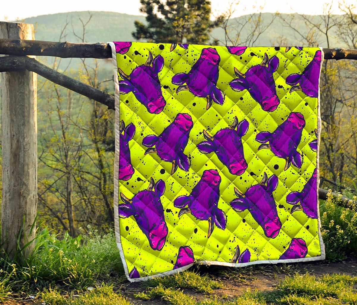 Lime Green And Purple Cow Pattern Print Quilt