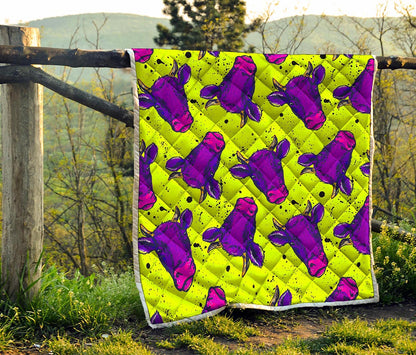 Lime Green And Purple Cow Pattern Print Quilt