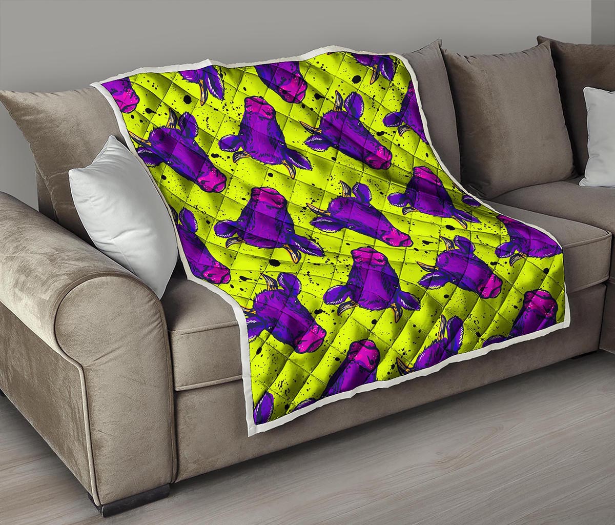 Lime Green And Purple Cow Pattern Print Quilt