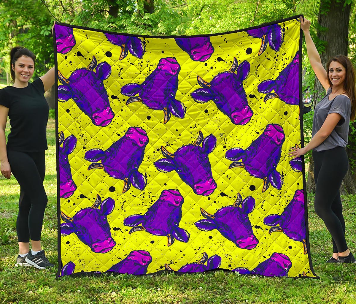 Lime Green And Purple Cow Pattern Print Quilt