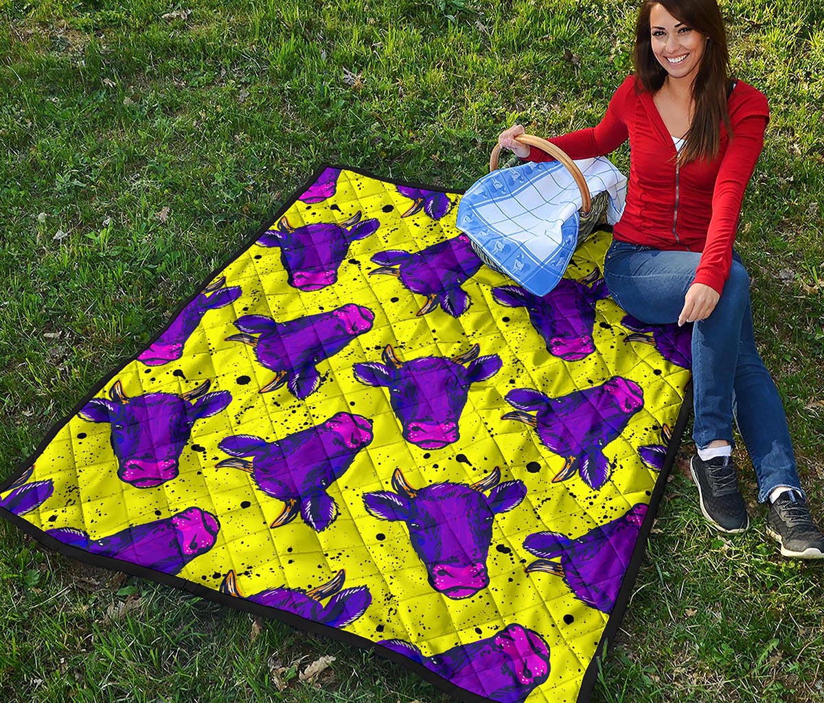 Lime Green And Purple Cow Pattern Print Quilt