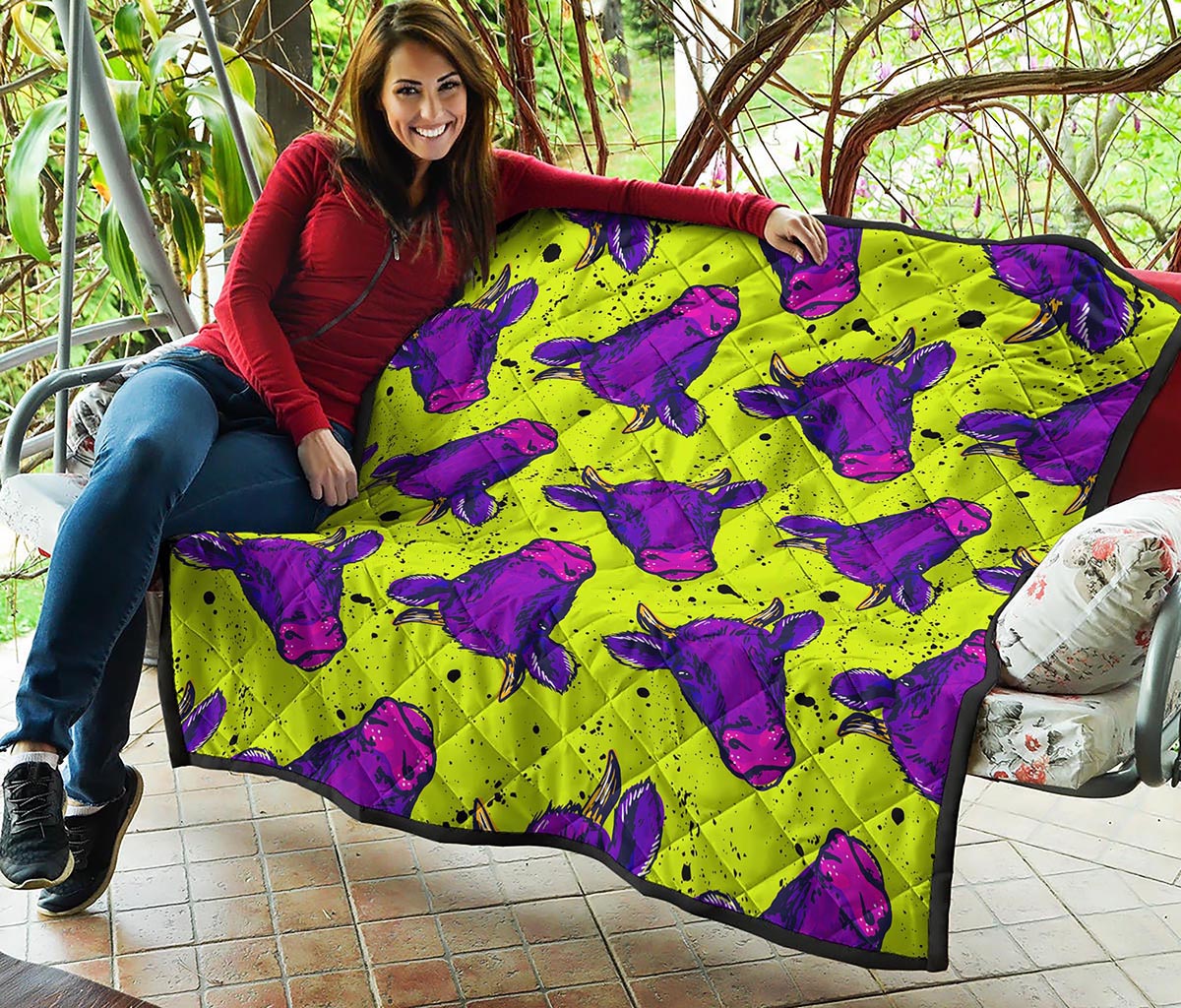 Lime Green And Purple Cow Pattern Print Quilt