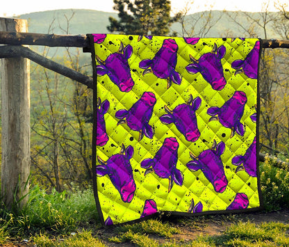 Lime Green And Purple Cow Pattern Print Quilt