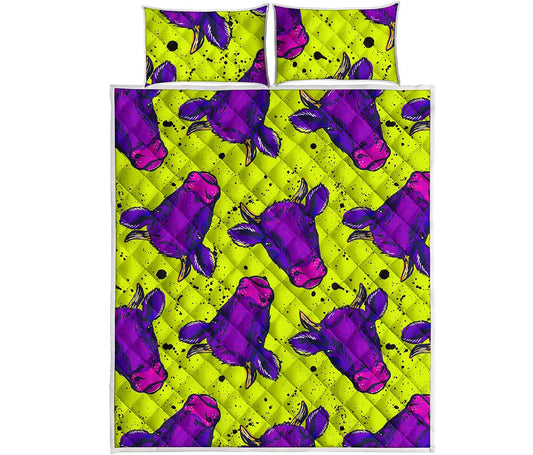 Lime Green And Purple Cow Pattern Print Quilt Bed Set
