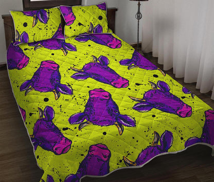Lime Green And Purple Cow Pattern Print Quilt Bed Set