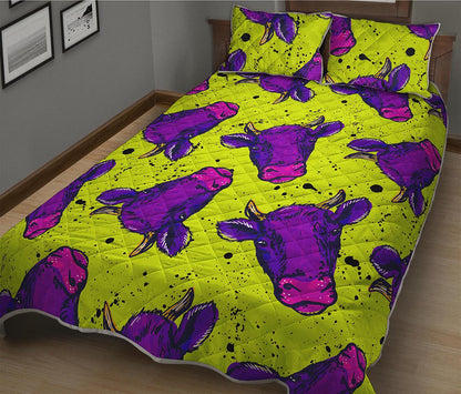 Lime Green And Purple Cow Pattern Print Quilt Bed Set