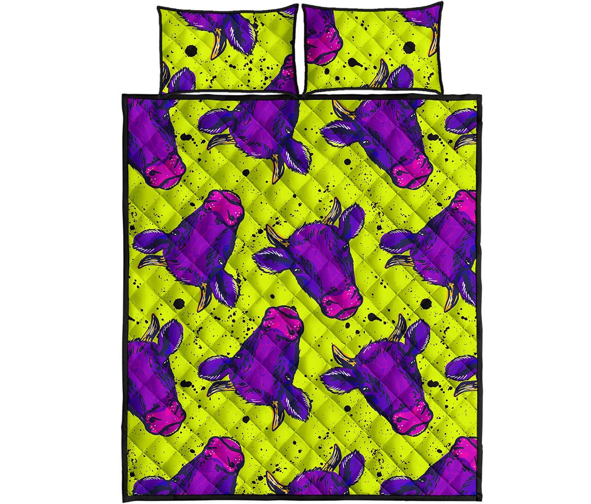 Lime Green And Purple Cow Pattern Print Quilt Bed Set