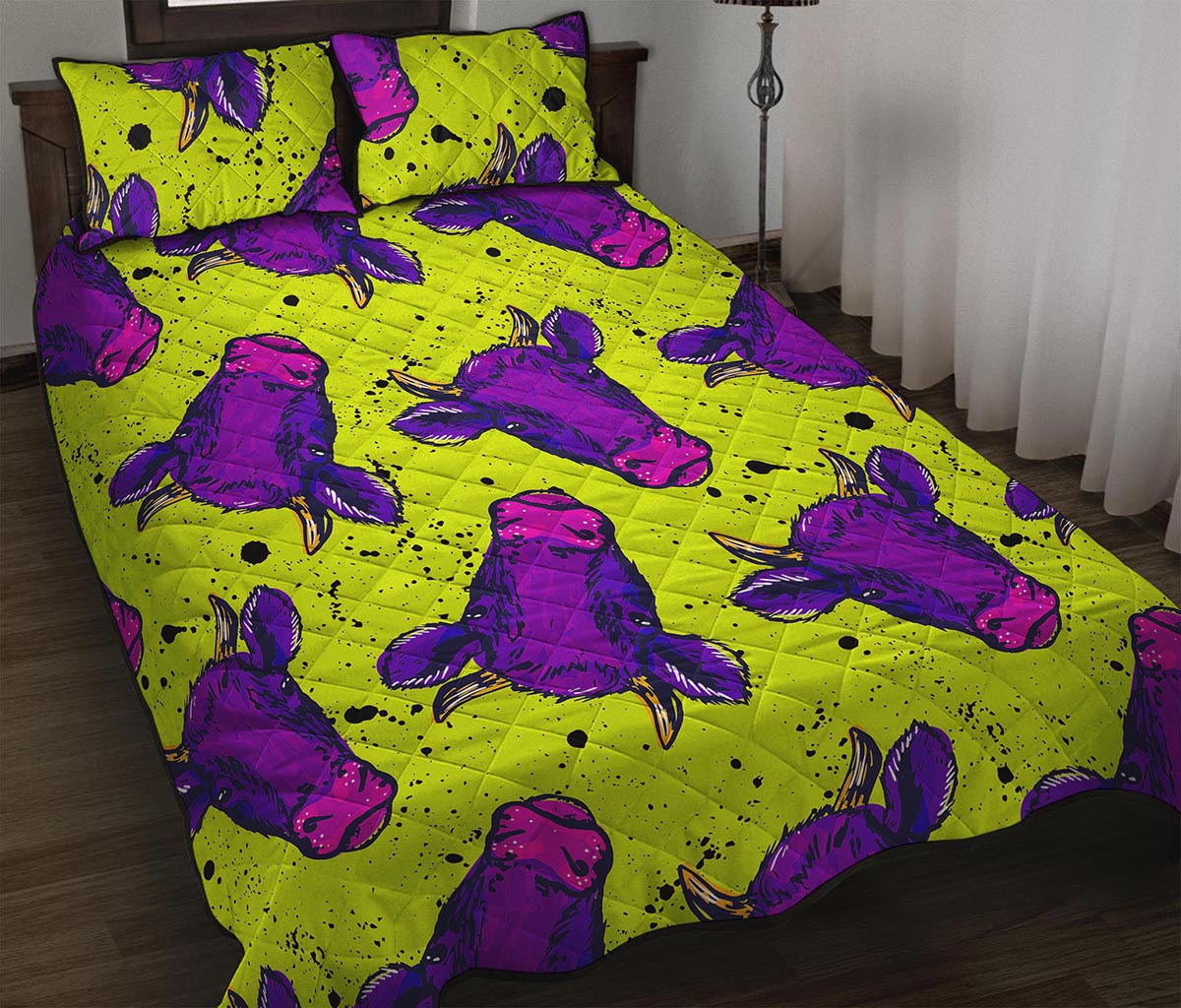 Lime Green And Purple Cow Pattern Print Quilt Bed Set