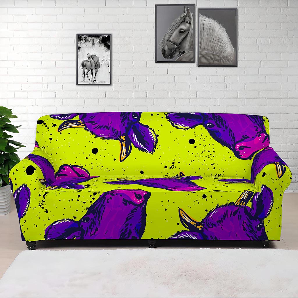 Lime Green And Purple Cow Pattern Print Sofa Cover