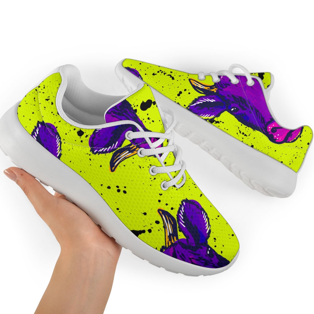 Lime Green And Purple Cow Pattern Print Sport Shoes GearFrost