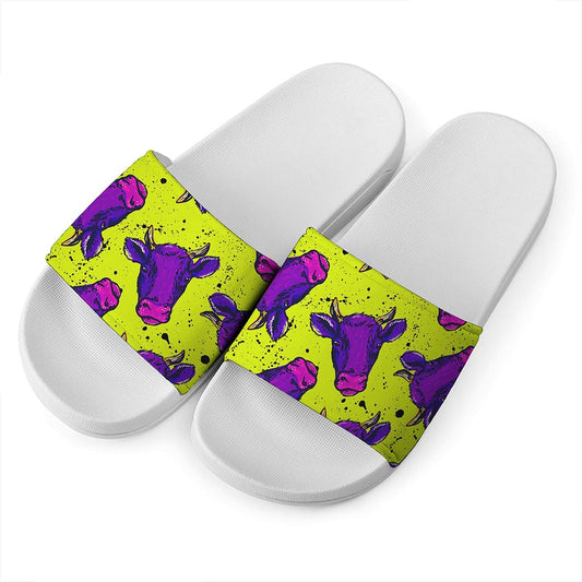 Lime Green And Purple Cow Pattern Print White Slide Sandals