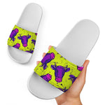 Lime Green And Purple Cow Pattern Print White Slide Sandals