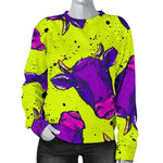 Lime Green And Purple Cow Pattern Print Women's Crewneck Sweatshirt GearFrost