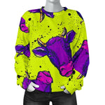 Lime Green And Purple Cow Pattern Print Women's Crewneck Sweatshirt GearFrost