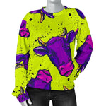 Lime Green And Purple Cow Pattern Print Women's Crewneck Sweatshirt GearFrost